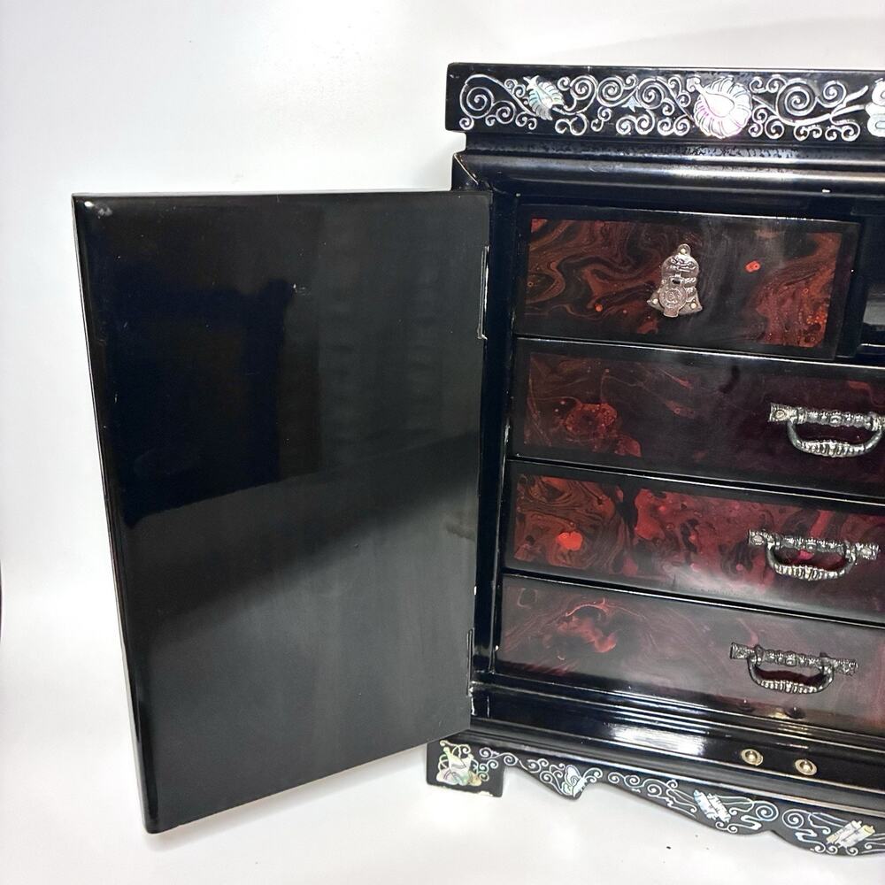 Vintage Chinese Mother of Pearl Inlay Jewelry Cabinet Lacquer Crane Box - Picture 10 of 16